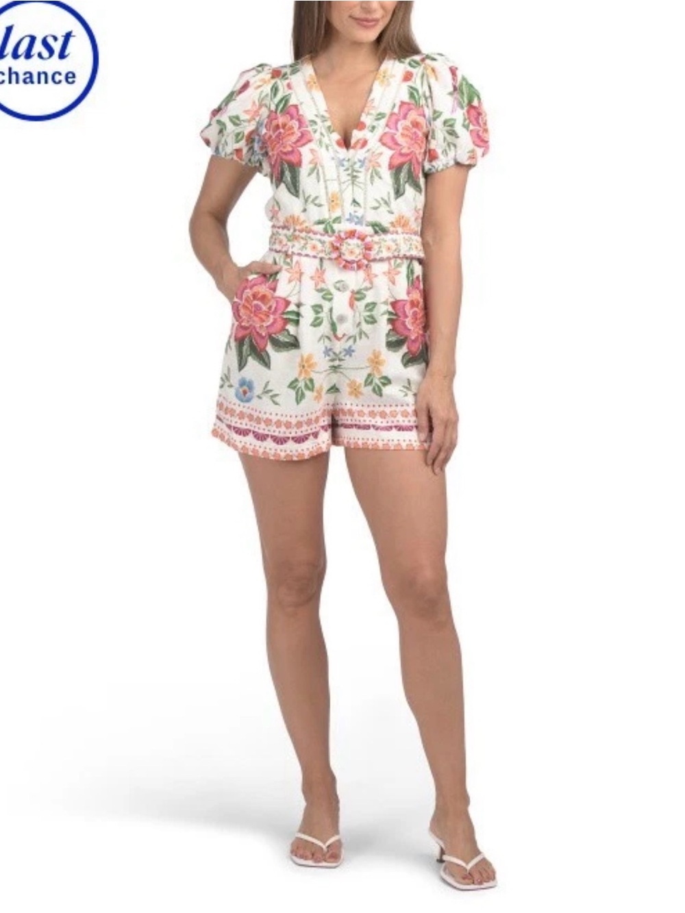 Caroline Constas White Romper with Pink & Green Floral Embroidery